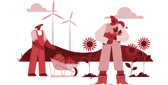 Agriculteurs avec des éoliennes pour représenter l'énergie verte